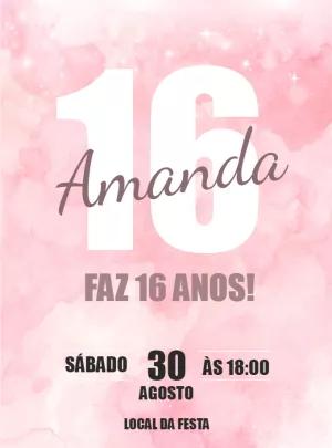 Convite de 16 Anos Aquarela Rosa para Editar Online e Imprimir