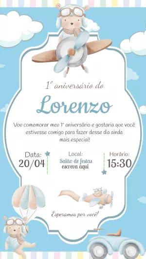 Convite de Aniversário Ursinho Aviador para Editar Online