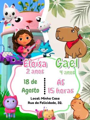 Convite Aniversário Duplo Gabby e Capivara para Editar