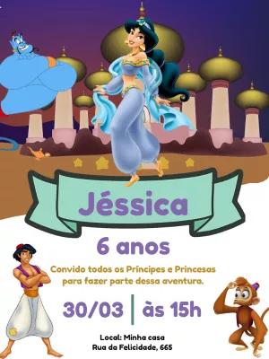 Convite Aniversário Jasmine e Aladdin para Editar Online