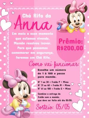 Convite Chá Rifa Minnie Baby Rosa para Editar Online