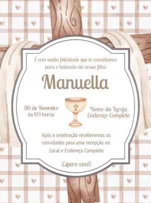 Convite de Batizado Rústico com Cruz de Madeira para Editar