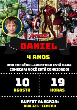 Convite Aniversário Vingadores com Foto para Editar Online