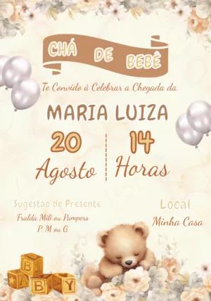 Convite Chá de Bebê Ursinho com Flores para Editar Online