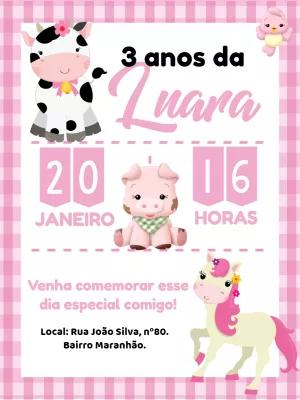 Convite Aniversário Fazendinha Rosa com Animais para Editar