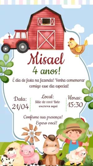 Convite Aniversário Fazendinha com Animais para Editar Online