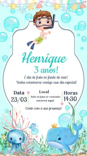 Convite de Aniversário Fundo do Mar Menino para Editar Online