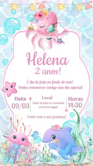 Convite Aniversário Fundo do Mar Menina para Editar Online