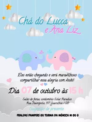 Convite Chá de Gêmeos Elefantinhos para Editar Online