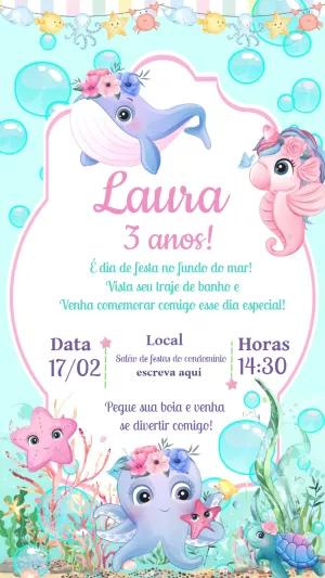 Convite Aniversário Fundo do Mar Menina para Editar Online