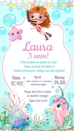 Convite Aniversário Fundo do Mar Menina para Editar Online