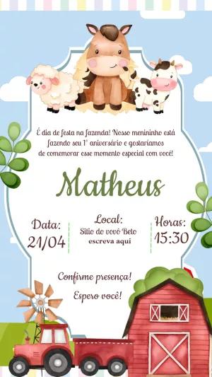 Convite Aniversário Fazendinha com Animais para Editar