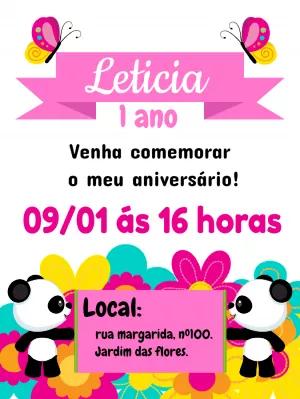 Convite Aniversário Panda Rosa para Editar Online