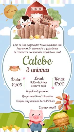 Convite Aniversário Fazendinha com Animais para Editar Online