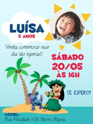 Convite de Aniversário Lilo & Stitch com Foto para Editar