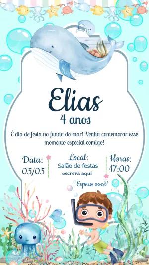 Convite Aniversário Fundo do Mar com Baleia para Editar Online