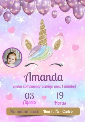 Convite Aniversário Unicórnio com Foto para Editar Online