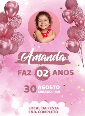 Convite de Aniversário Rosa com Glitter e Foto para Editar