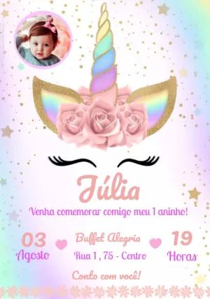 Convite Aniversário Unicórnio com Foto para Editar Online