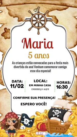 Convite de Aniversário Pirata Menina para Editar Online