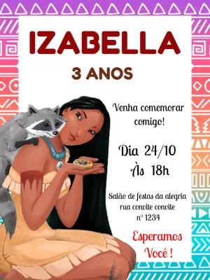 Convite de Aniversário Pocahontas com Personagens para Editar