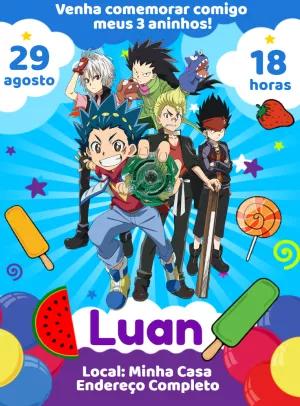 Convite de Aniversário Beyblade com Personagens para Editar