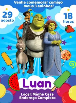 Convite de Aniversário Shrek com Personagens para Editar Online