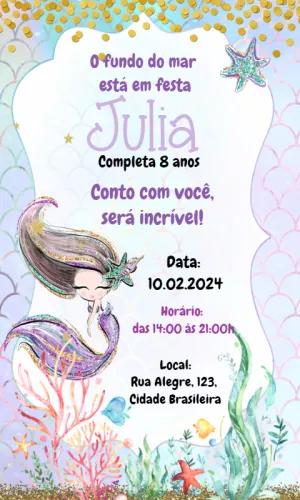 Convite Aniversário Sereia com Glitter para Editar Online