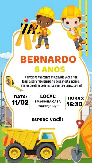 Convite Aniversário Construção com Personagens para Editar Online