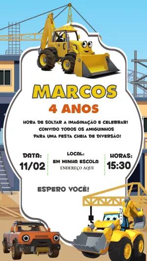 Convite de Aniversário Construção com Tratores para Editar Online