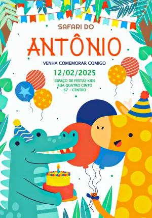 Convite Aniversário Safari com Animais Fofos para Editar Online