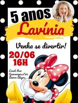 Convite de Aniversário Minnie Mouse com Foto para Editar
