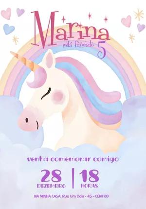 Convite Aniversário Unicórnio Aquarela para Editar Online