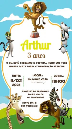 Convite Aniversário Madagascar com Personagens para Editar Online