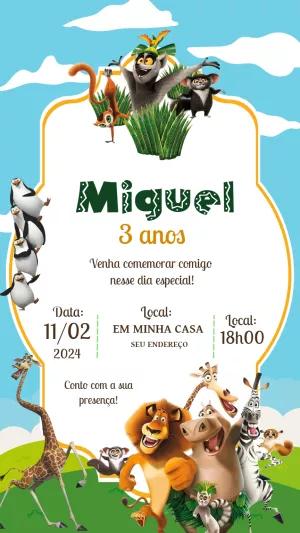 Convite de Aniversário Madagascar com Personagens para Editar