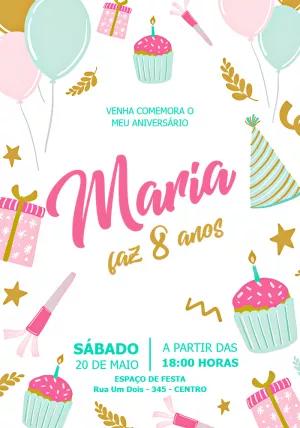 Convite de Aniversário Cupcake Rosa e Dourado para Editar