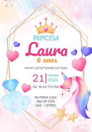 Convite Aniversário Unicórnio Princesa Aquarela para Editar