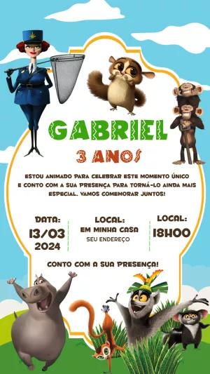 Convite de Aniversário Madagascar com Personagens para Editar