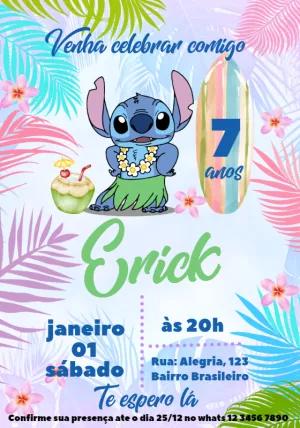 Convite Aniversário Stitch na Praia para Editar Online
