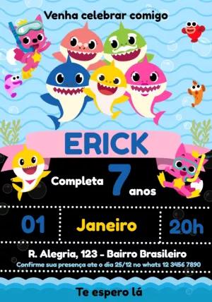 Convite de Aniversário Baby Shark Família no Mar para Editar