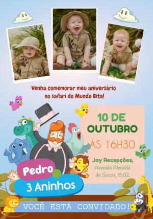 Convite Aniversário Safari Mundo Bita com Foto para Editar