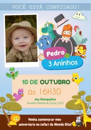 Convite Aniversário Safari Mundo Bita com Foto para Editar Online