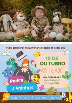 Convite Aniversário Safari Mundo Bita com Foto para Editar Online