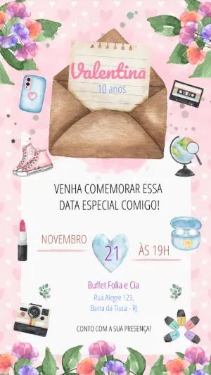 Modelo de Convite Aniversário Menina Aquarela Rosa Editável