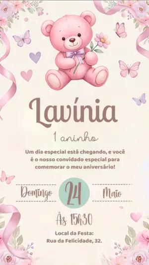 Convite de Aniversário Ursinha Rosa Fofa para Editar