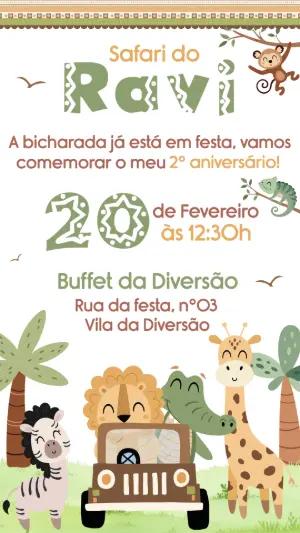 Convite Digital Aniversário Infantil Tema Safari para Editar