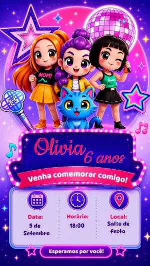 Convite de Aniversário Guerreiras do K-pop Modelo Editável
