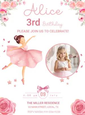 Editable Ballerina Birthday Invitation with Pink Flowers with photo