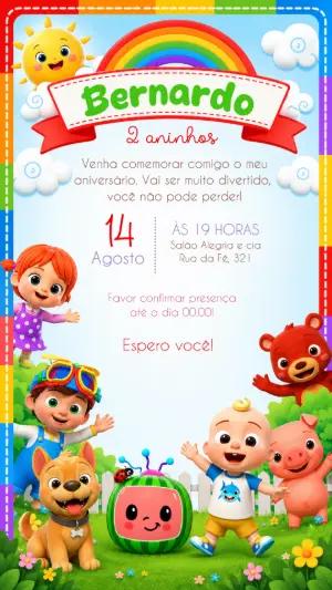 Convite Digital Cocomelon para Aniversário Infantil Editável