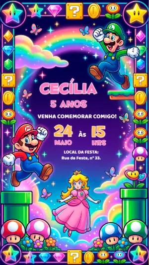 Convite de Aniversário Super Mario Bros Editável e Colorido